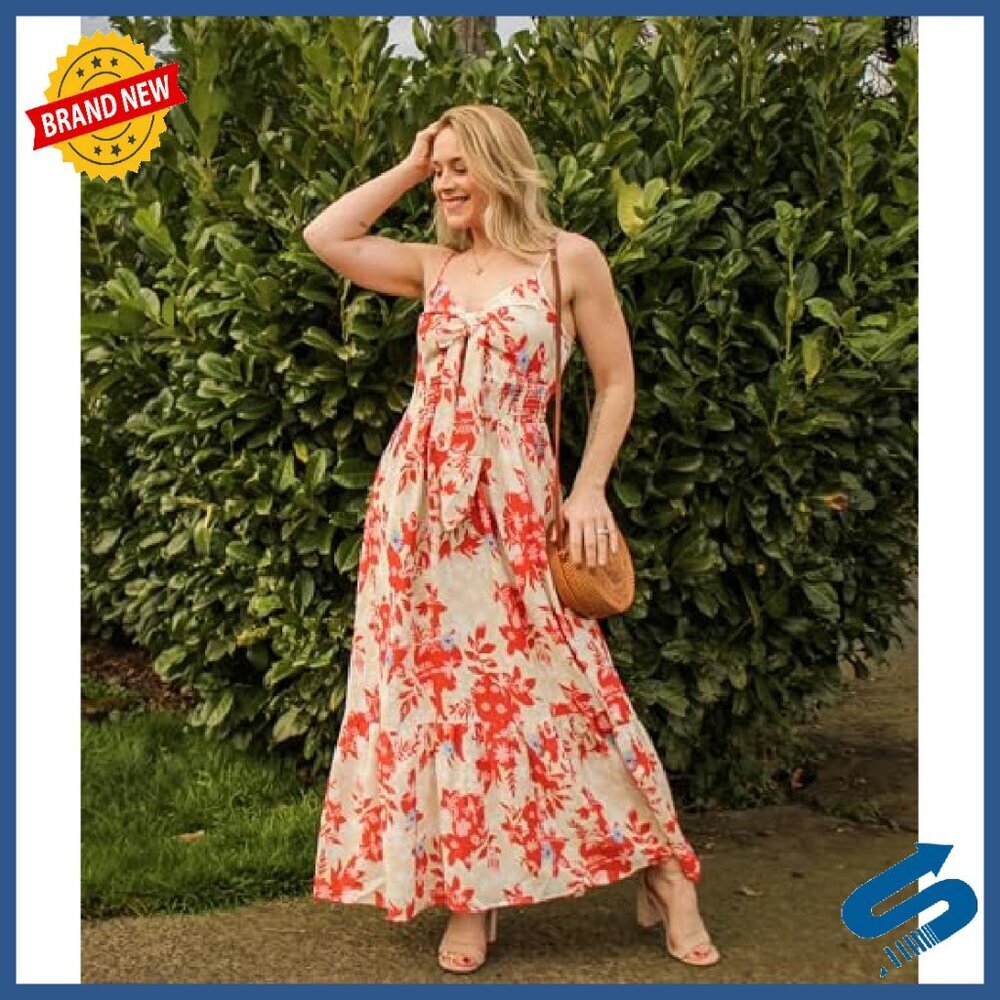 Summer Maxi Dress with Tie Front, Spaghetti Straps, Pockets, Flowy - Picture 7 of 8